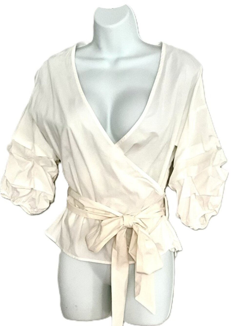 IRIS Cream 100% Cotton Wrap Blouse Balloon Sleeve Tie Waist Top Size M